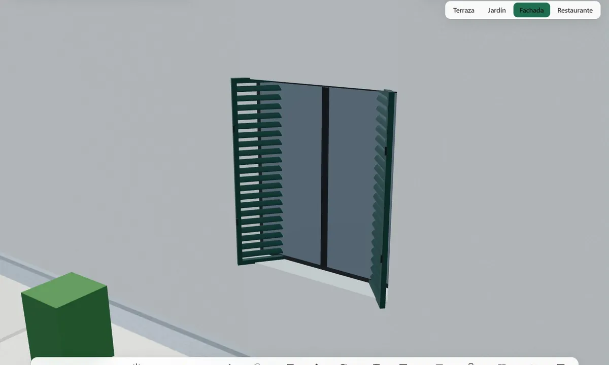 Celosía abatible de dos hojas tipo mallorquina en color verde, vista en el configurador 3D
