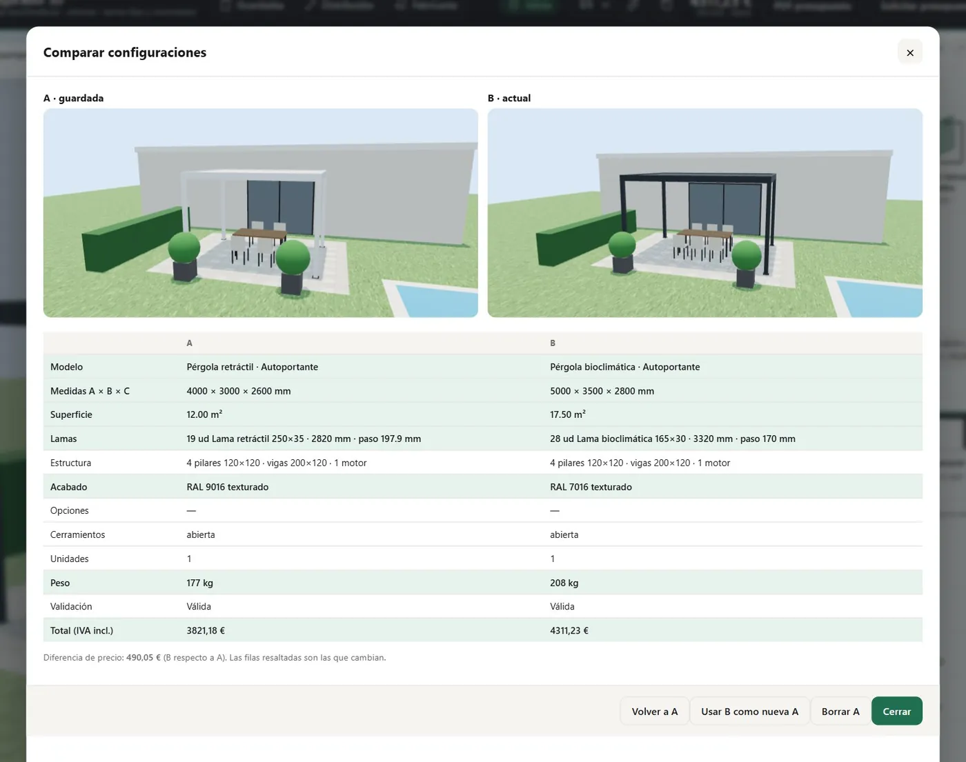 Comparador A/B del configurador con dos pérgolas en 3D lado a lado y una tabla con diferencias de medidas, peso y precio