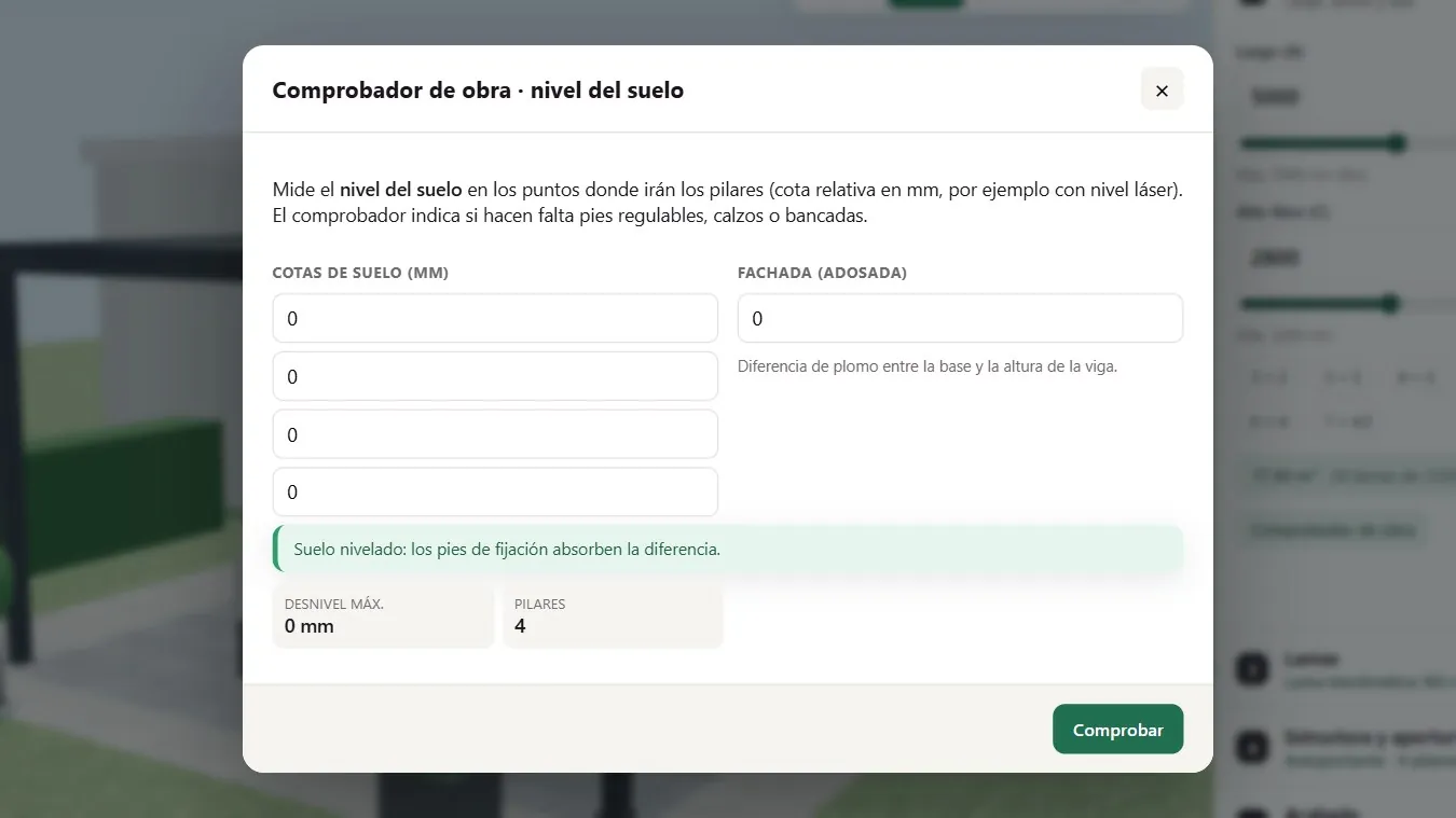 Comprobador de obra del configurador que calcula el desnivel del suelo en la posición de cada pilar