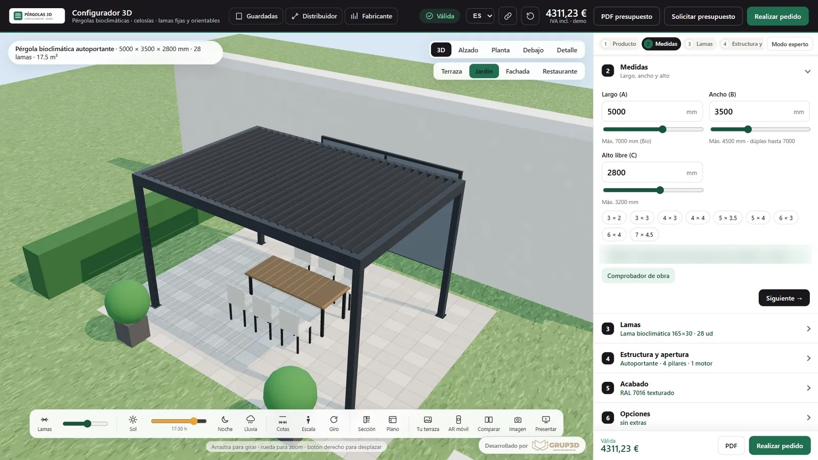 Pantalla del configurador 3D de pérgolas en el paso de medidas: pérgola bioclimática en 3D a la izquierda y panel con largo, ancho, alto y medidas rápidas a la derecha