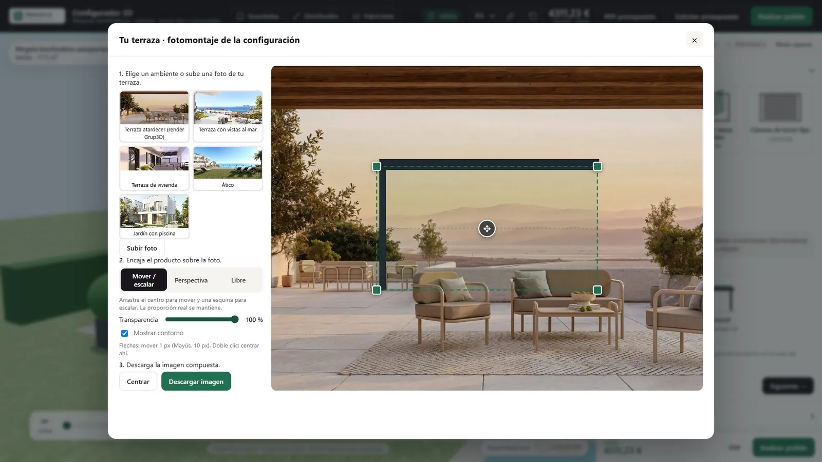 Herramienta de fotomontaje del configurador: la pérgola encajada en perspectiva sobre la foto de una terraza