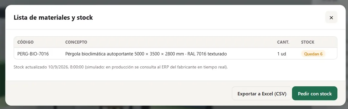 Ventana de lista de materiales y stock del configurador con código, concepto, cantidad y estado de stock