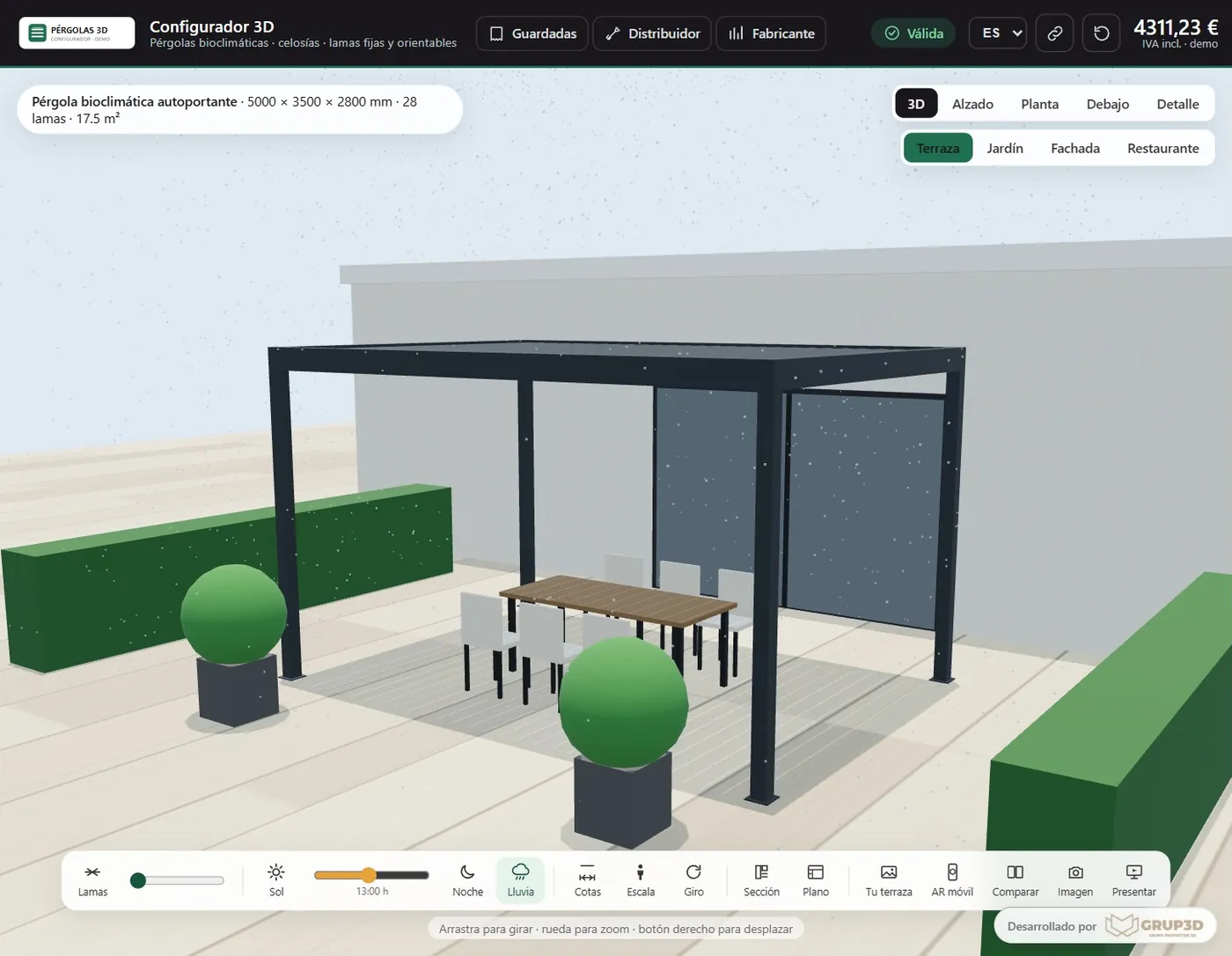 Pérgola bioclimática con las lamas cerradas bajo la lluvia en el configurador 3D
