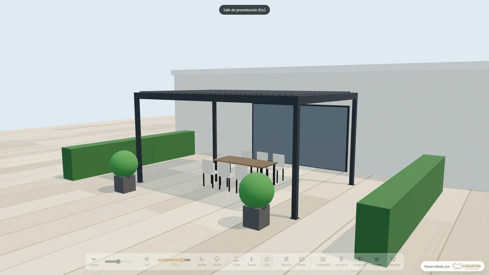 Modo presentación del configurador a pantalla completa con una pérgola bioclimática, pensado para ferias y showroom