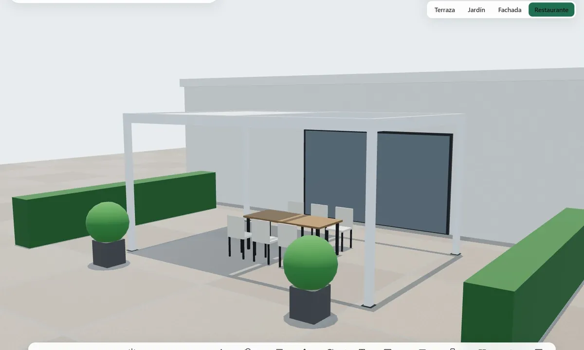 Pérgola retráctil de lamas que se recogen, vista en el configurador 3D con ambiente de restaurante