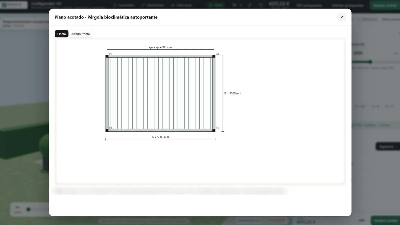 Plano acotado en planta de una pérgola bioclimática generado automáticamente por el configurador