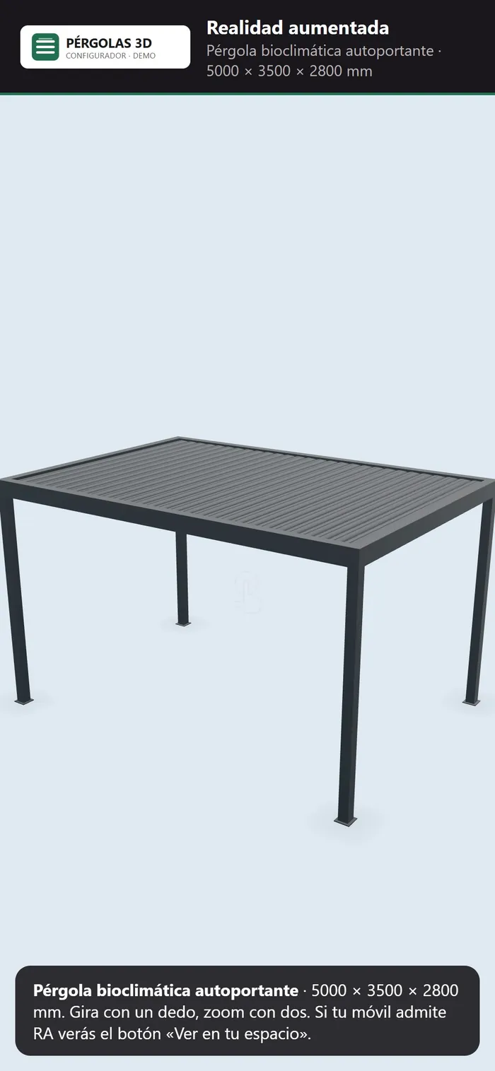 Móvil mostrando la pérgola configurada en realidad aumentada, lista para colocarla a escala real