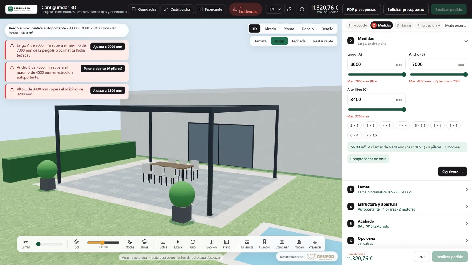 Configurador de pérgolas mostrando tres avisos de reglas técnicas con botones para ajustar la medida al máximo o pasar a doble módulo