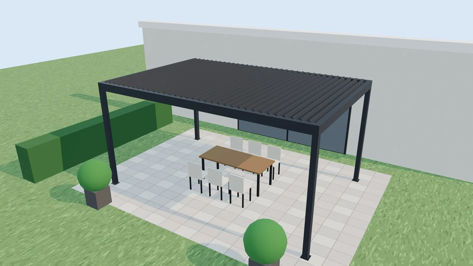 Pérgola bioclimática de lamas orientables en gris antracita sobre un jardín, con mesa y sillas debajo, en el configurador 3D de pérgolas
