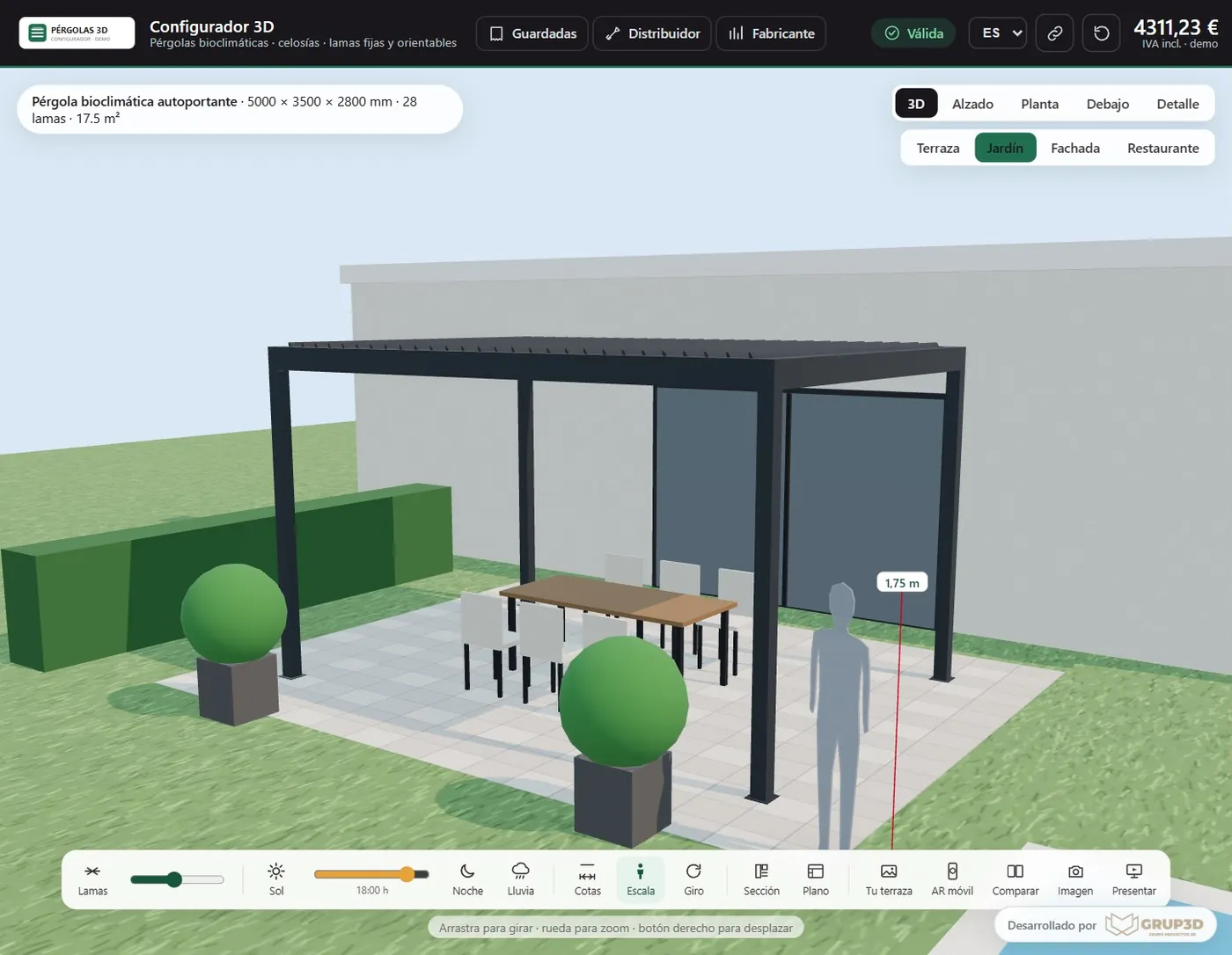 Pérgola bioclimática con la sombra real de las lamas proyectada a una hora concreta del día y figura humana de escala
