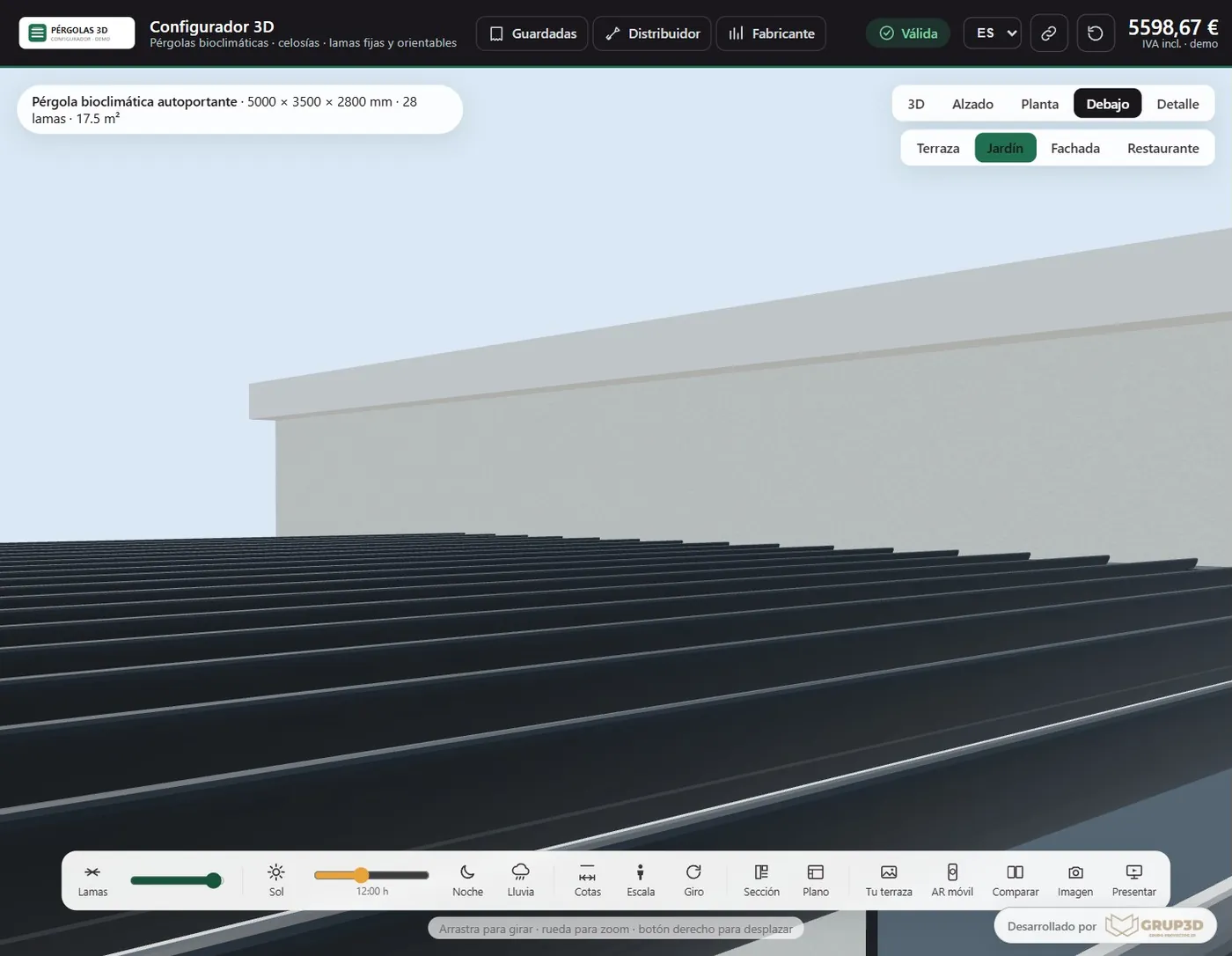 Vista desde debajo de la pérgola bioclimática con las lamas orientables en el configurador 3D