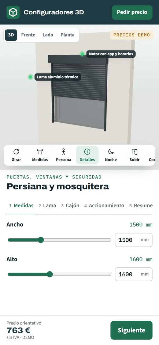 Configurador de persianas en un móvil con la persiana en antracita, lista para verla sobre la ventana con realidad aumentada
