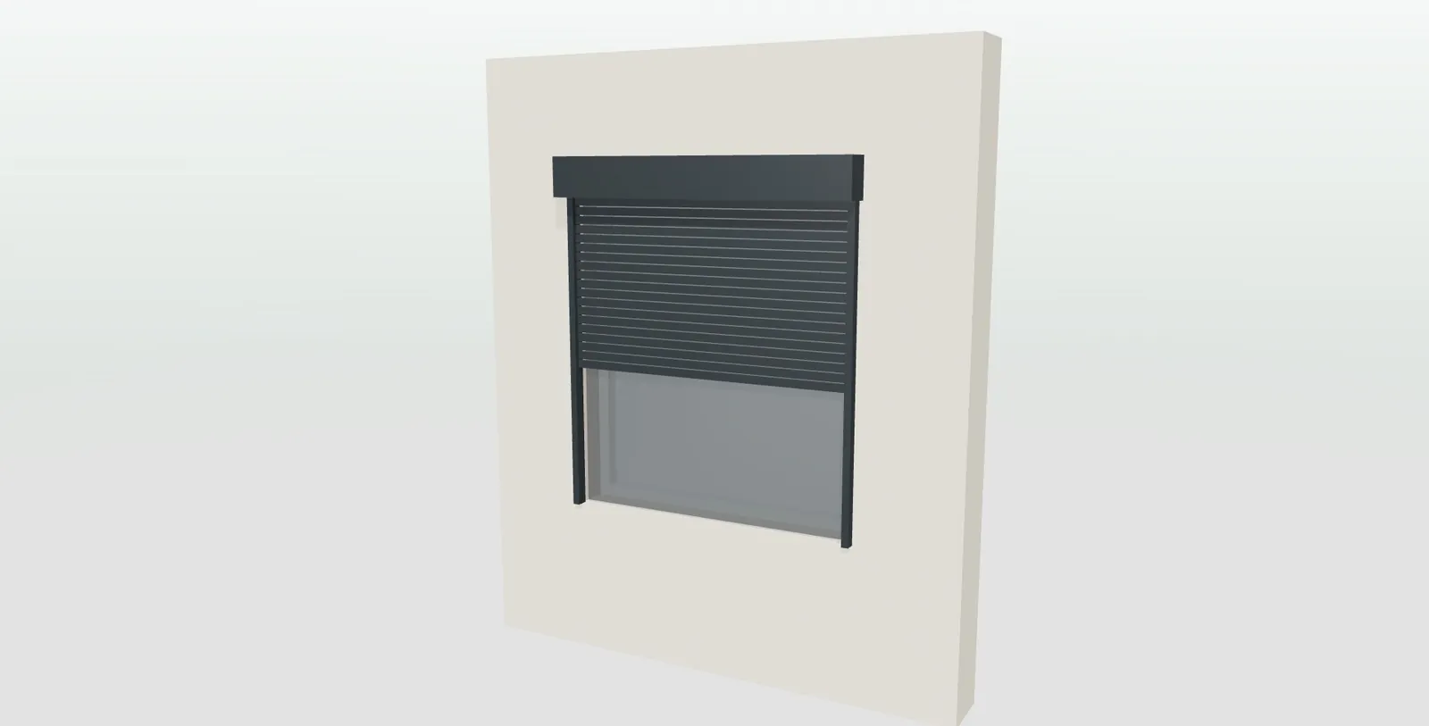 Persiana de lamas en gris antracita a media altura con cajón exterior sobre una ventana en el configurador 3D