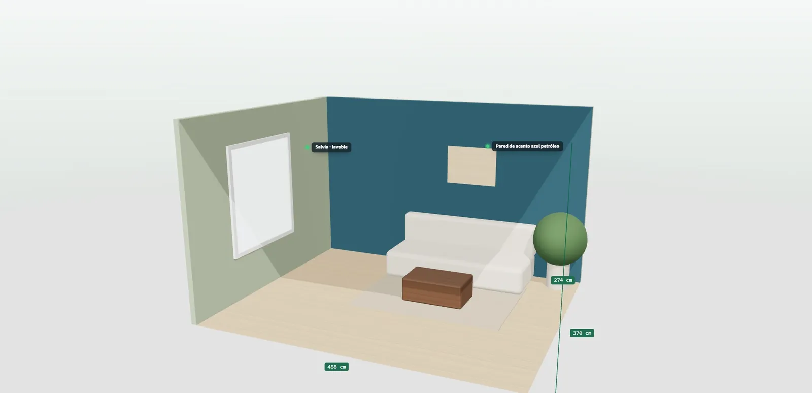 Estancia pintada en 3D con etiquetas que indican el color principal, el color de acento, el acabado y el tipo de pintura