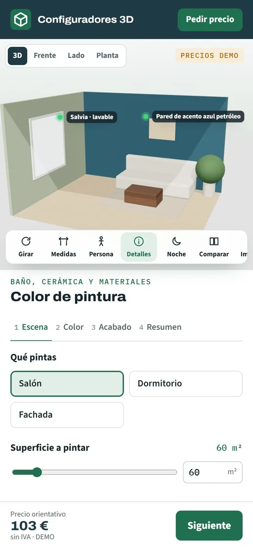 Salón pintado en 3D en la pantalla de un móvil, con la carta de colores del simulador justo debajo