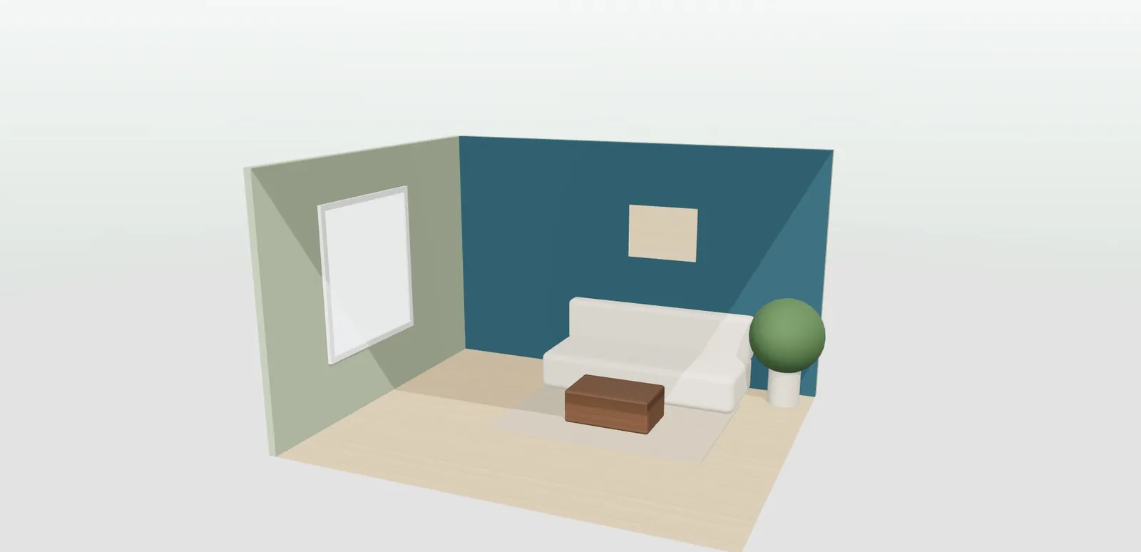 Salón en 3D con una pared en verde salvia y otra en azul petróleo, sofá blanco y mesa baja de madera, en el simulador de color de pintura