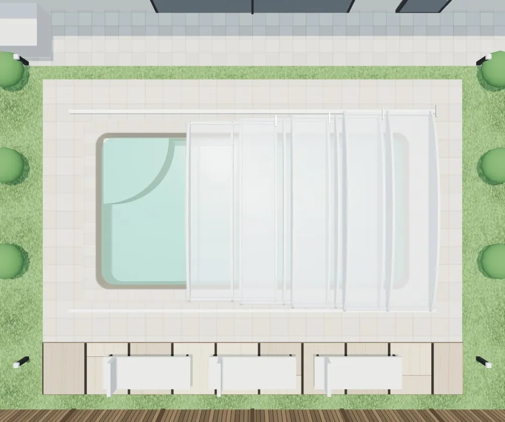 A pool with a low telescopic polycarbonate enclosure in the 3D prefabricated pool configurator