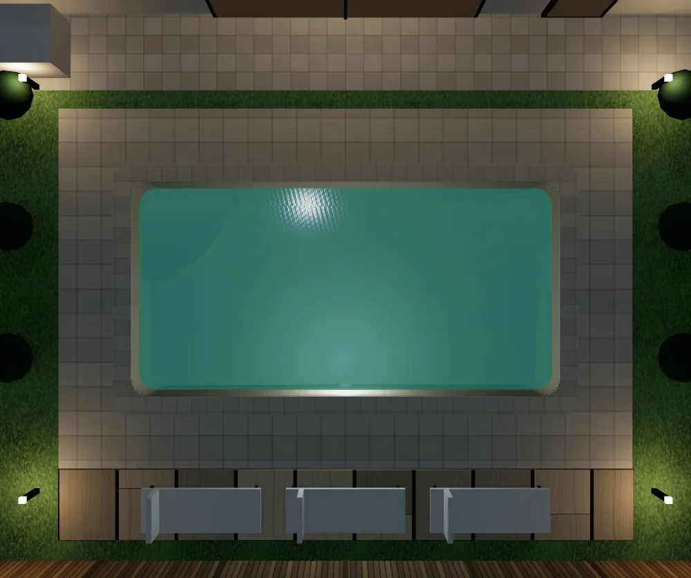 A prefabricated pool at night with the spotlights on in the 3D pool configurator
