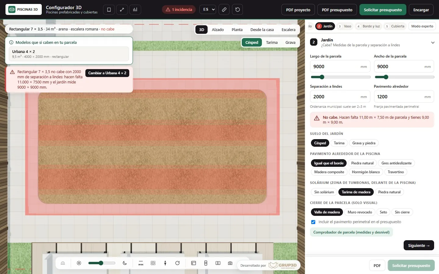 The 3D pool configurator with the plot boundary lines and the notice saying whether the shell fits