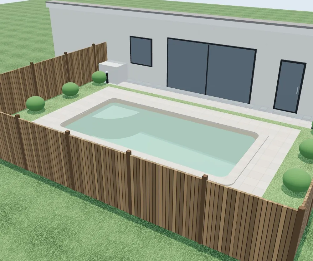 Piscina prefabricada rectangular en un jardín con césped y tarima en el configurador 3D de piscinas prefabricadas