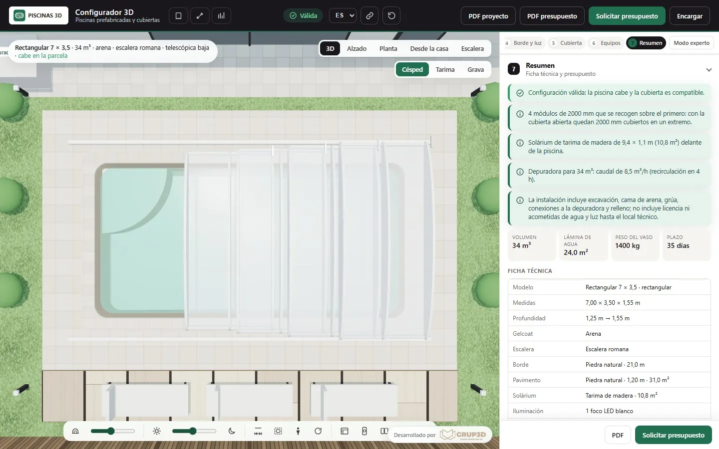 Summary of the pool configurator with the project PDF, the quote and the pool data
