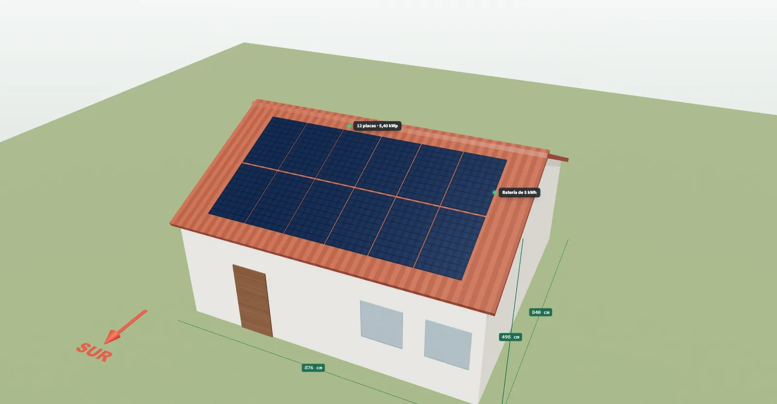 Placas solares en 3D sobre una cubierta inclinada, con etiquetas de detalle sobre los paneles y la instalación