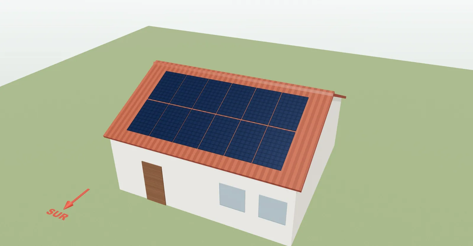 Vivienda en 3D con doce placas solares sobre una cubierta inclinada de teja y la flecha que marca la orientación sur en el configurador 3D