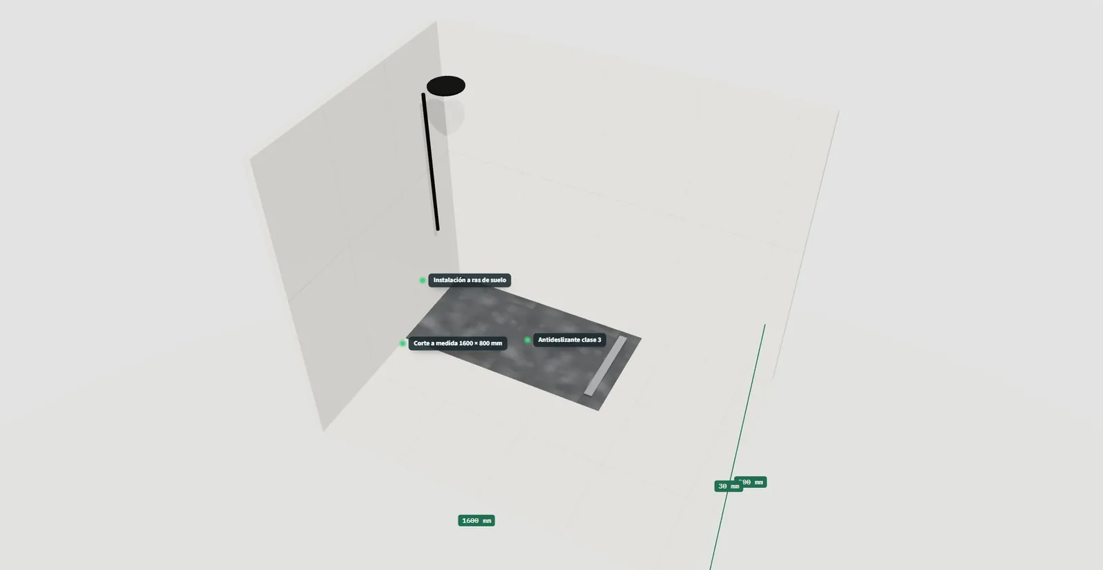 Plato de ducha en 3D con etiquetas que señalan el recorte para pilar, la posición del desagüe y la rejilla lineal