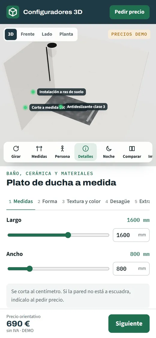 Configurador de plato de ducha a medida abierto en un móvil, con el plato en 3D y el recorte para pilar activado