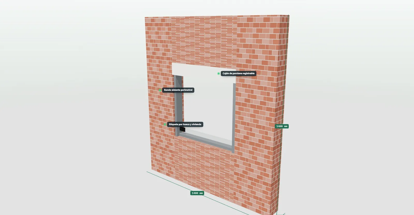 Detalle del premarco en 3D con etiquetas de banda aislante perimetral, material y cajón de persiana del monoblock