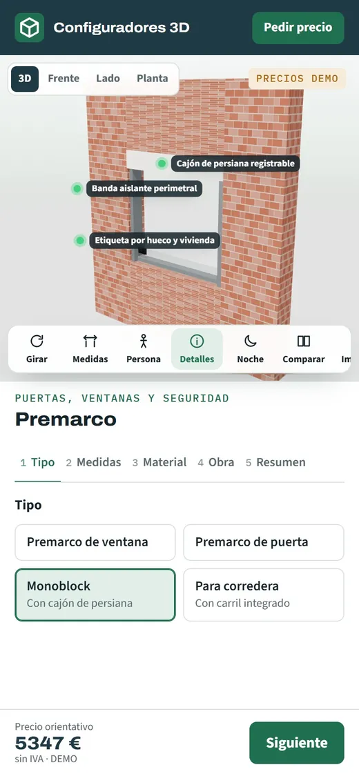 Configurador de premarcos abierto en un móvil para revisar plazo, entrega y precio del pedido desde la propia obra