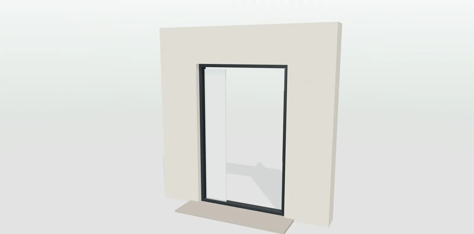 Puerta blindada entreabierta en 3D con la mano derecha a la vista y el fijo lateral de vidrio junto a la hoja