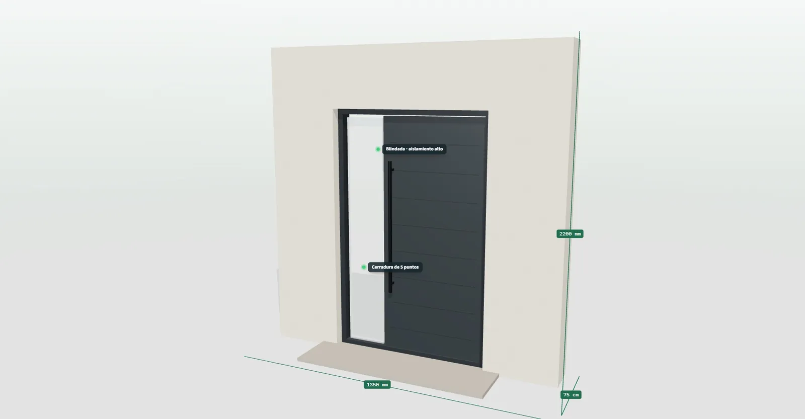 Puerta de entrada blindada en gris antracita con fijo lateral de vidrio, cotas de 1.350 por 2.200 mm y etiquetas de cerradura de cinco puntos y aislamiento alto