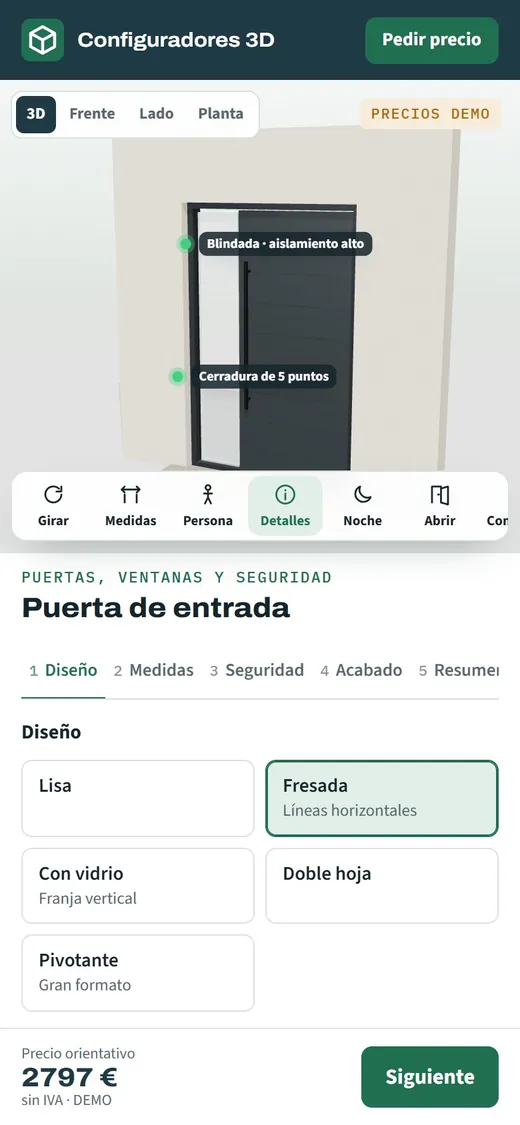 Configurador de puertas de entrada abierto en un móvil para colocar la puerta a tamaño real en la fachada del cliente