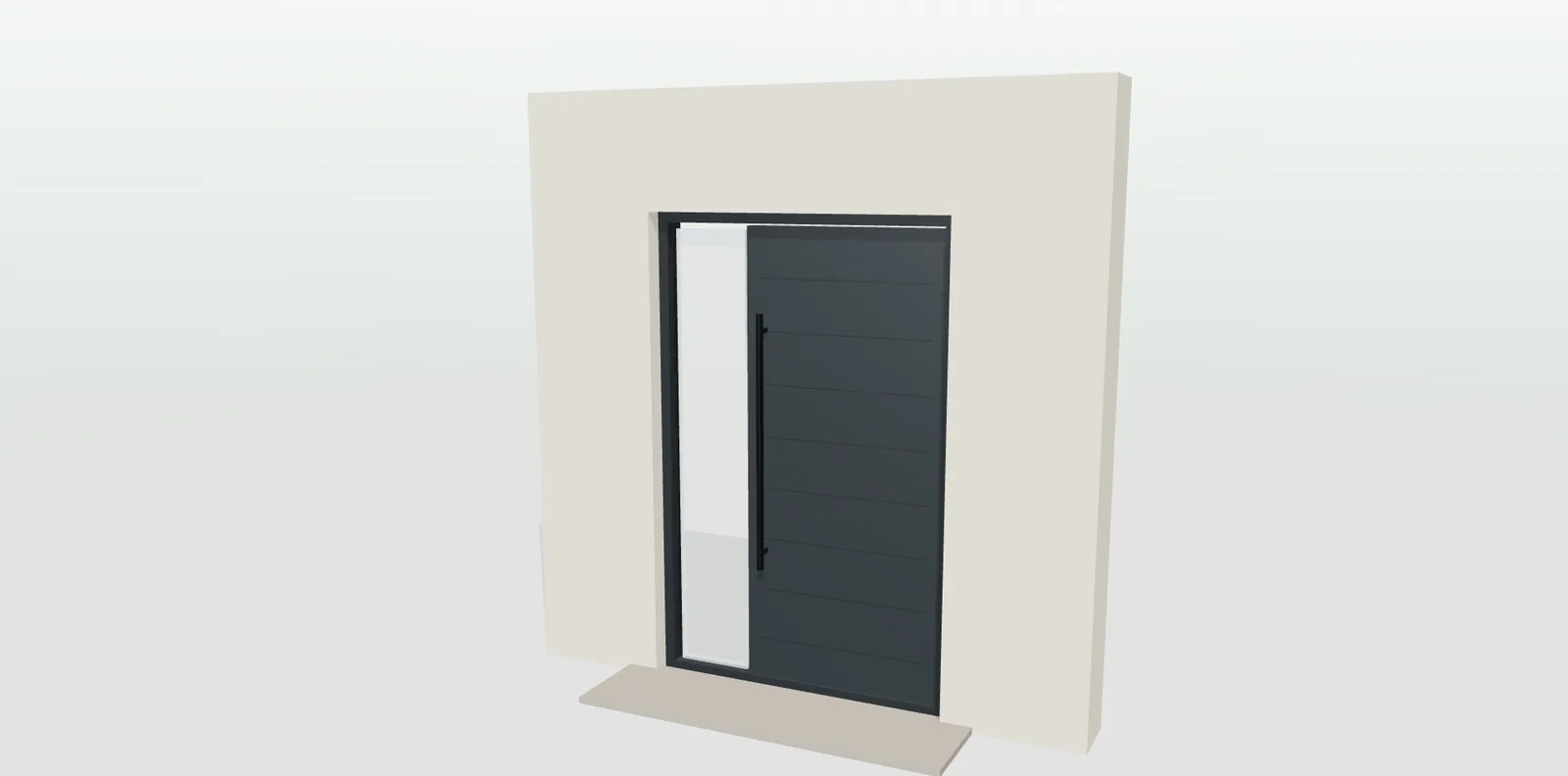 Puerta de entrada fresada en gris antracita con fijo lateral de vidrio y tirador de barra en el configurador 3D