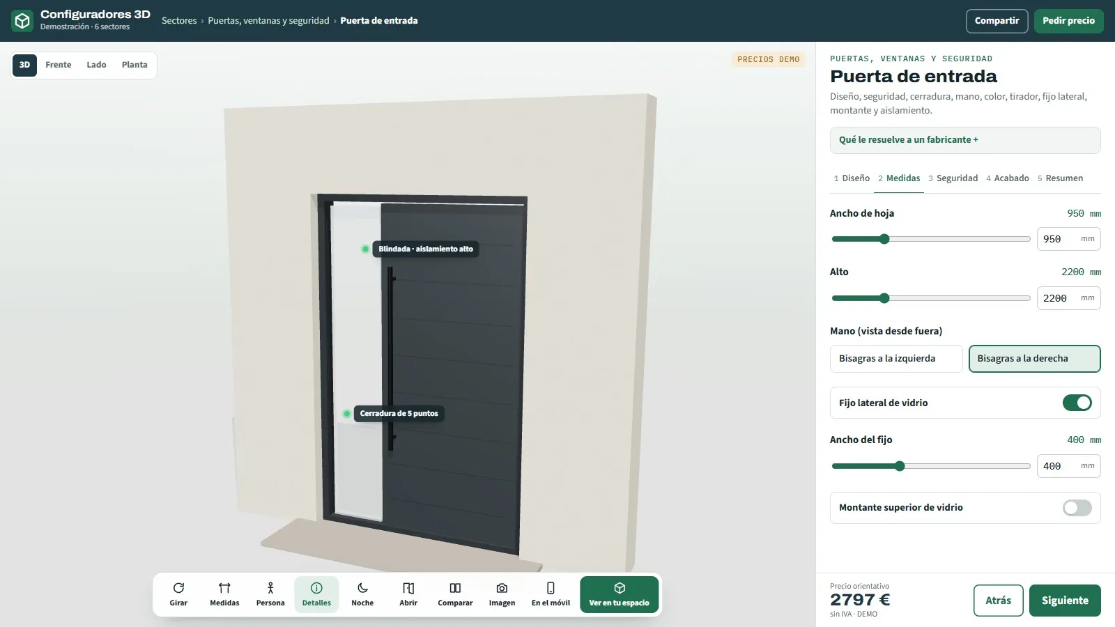 Pantalla del configurador de puertas de entrada con diseño, nivel de seguridad, cerradura, tirador y precio orientativo
