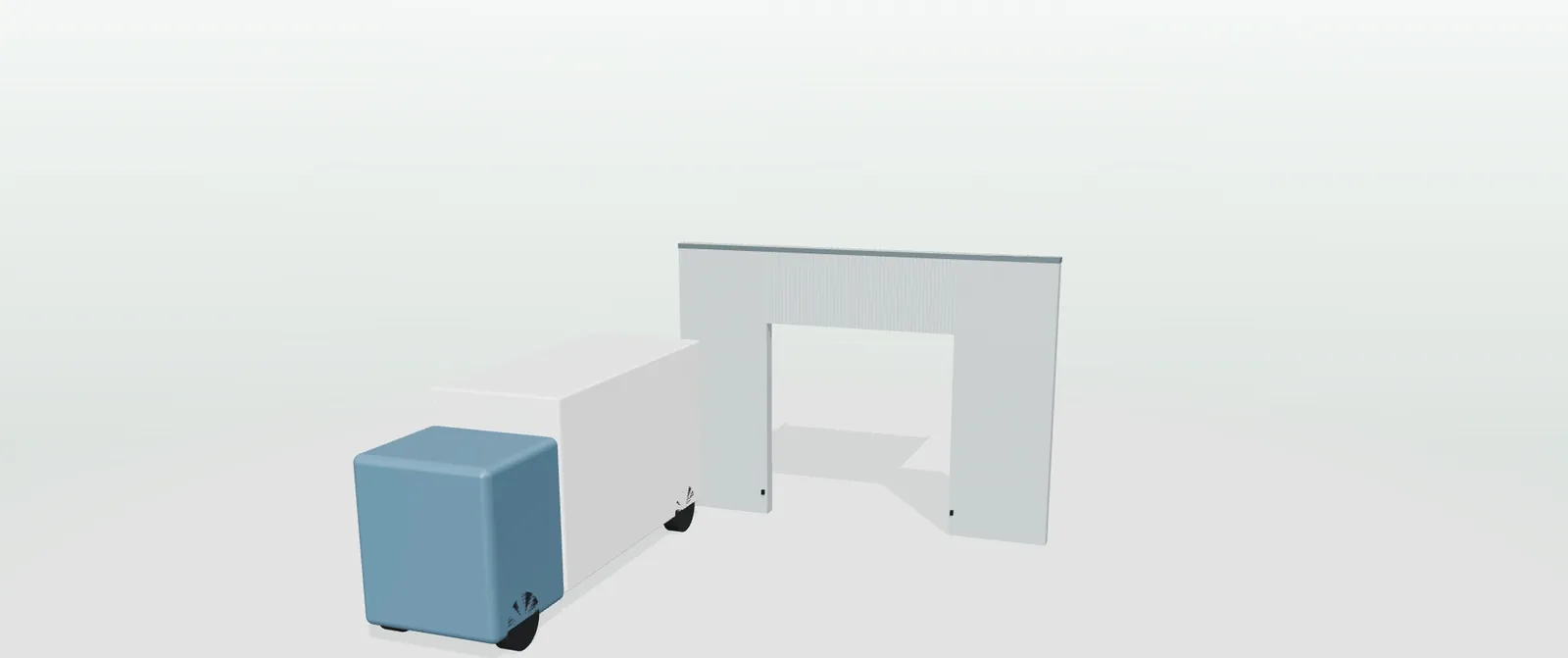 Puerta seccional industrial abierta en 3D con un camión rígido a escala pasando por el hueco acotado
