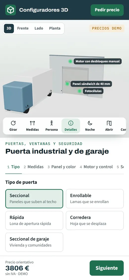 Configurador de puertas industriales en un móvil, listo para ver la puerta a tamaño real en el muelle con realidad aumentada