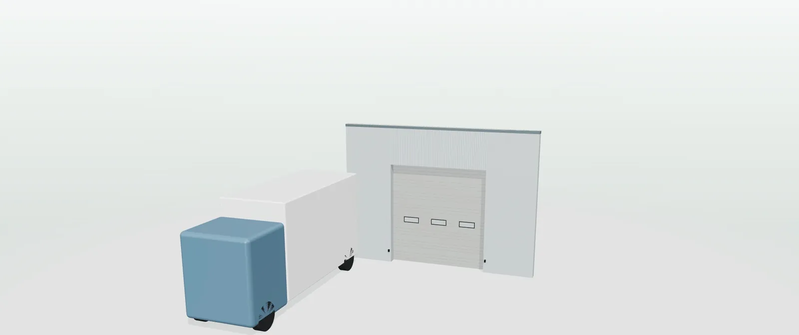 Puerta seccional industrial con mirillas en una nave y un camión rígido a escala delante del hueco en el configurador 3D