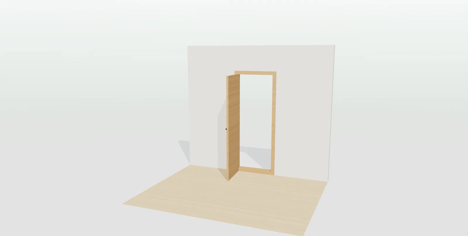 Puerta de interior abierta en 3D que deja ver las bisagras ocultas, el cierre magnético y el tapajuntas