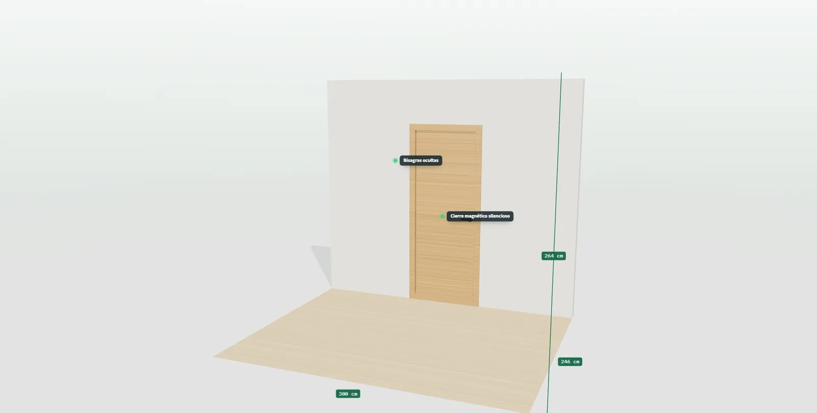Puerta de interior en 3D con etiquetas de medida de hoja de 725 × 2030 mm, hueco de obra aproximado y paso libre