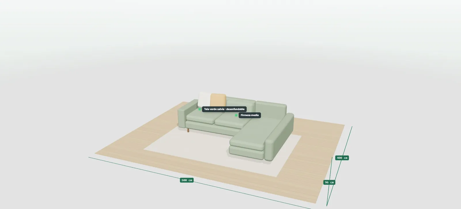 Sofá con chaise en 3D con etiquetas de medida de 260 × 92 cm, chaise de 180 cm y una persona de referencia