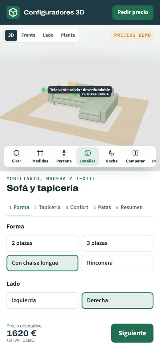 Configurador de sofás en un móvil con el sofá en 3D, las opciones de confort y el precio orientativo actualizado