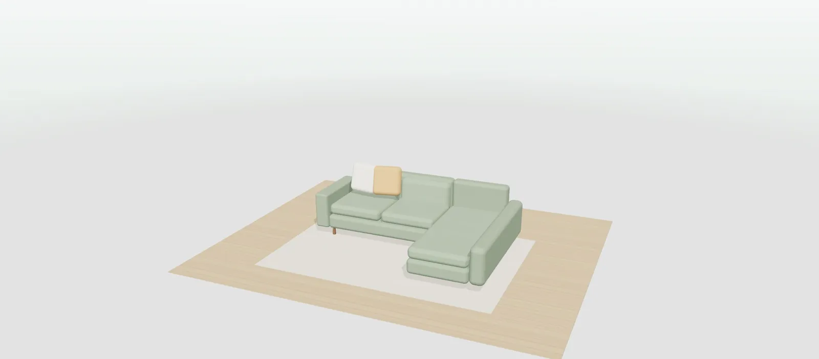 Sofá con chaise longue a la derecha tapizado en verde salvia, con patas de madera y dos cojines decorativos, en 3D