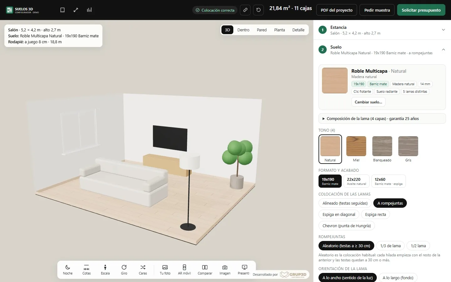 Configurador 3D de suelos con el panel de tonos, formatos y colocación de las lamas