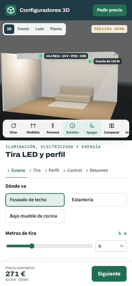 Configurador de tira LED abierto en un teléfono móvil con el foseado de techo encendido y las opciones de la tira