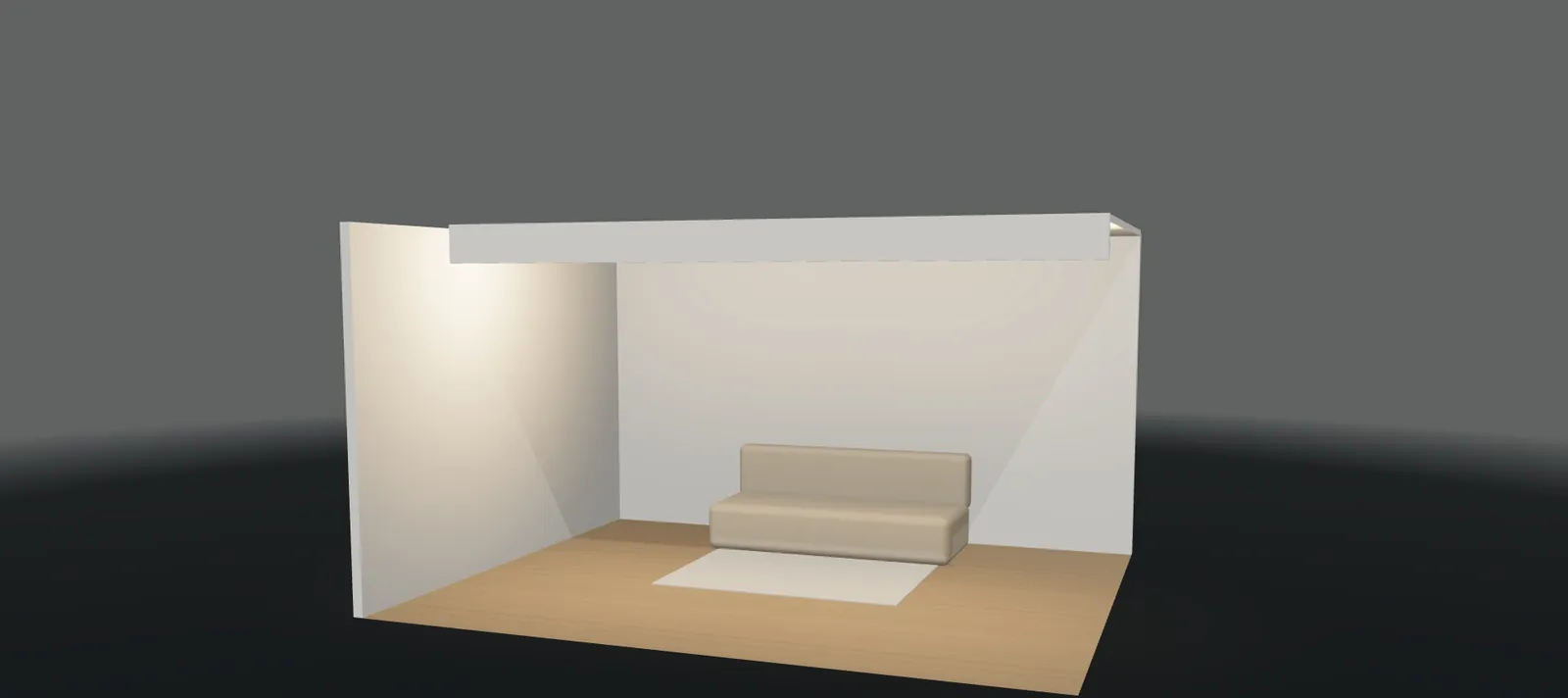 Salón en 3D con foseado de techo y tira LED encendida en luz cálida en el configurador 3D de tira LED y perfil