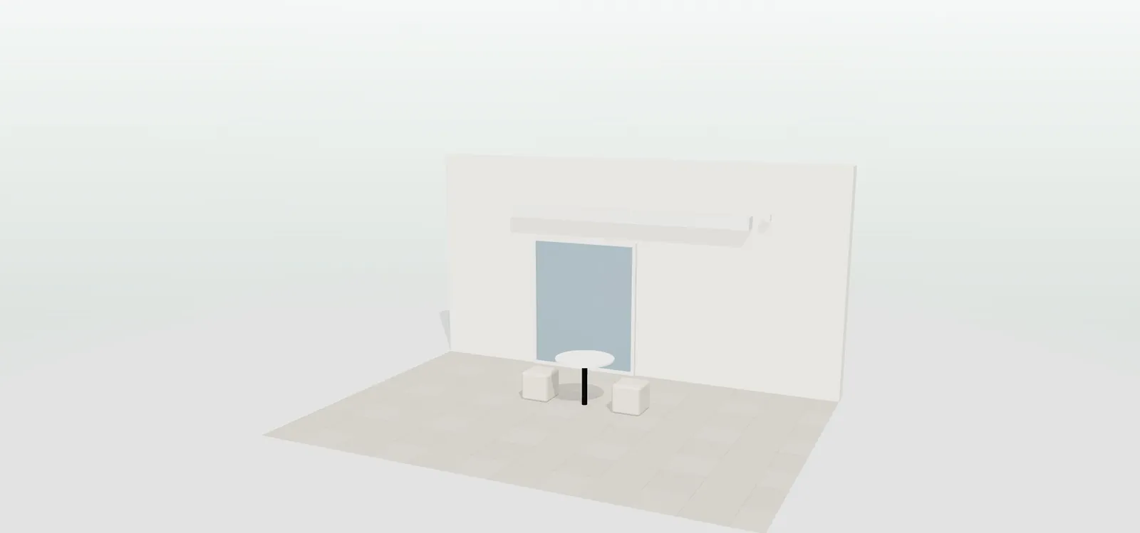 Toldo en 3D a medio extender desde su cofre, con el control para extender y recoger y la salida en milímetros