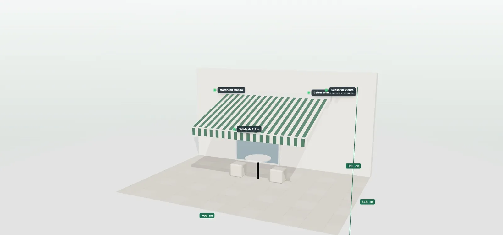 Toldo cofre extendido con lona de rayas verdes sobre un local, con cotas y etiquetas de motor con mando, sensor de viento, cofre y salida de 2,5 metros