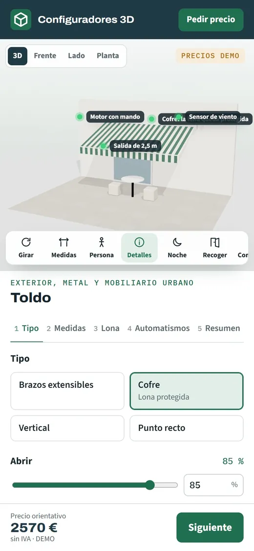 El toldo en 3D con la lona elegida y su precio orientativo, tal como lo ve el cliente en la pantalla de su móvil